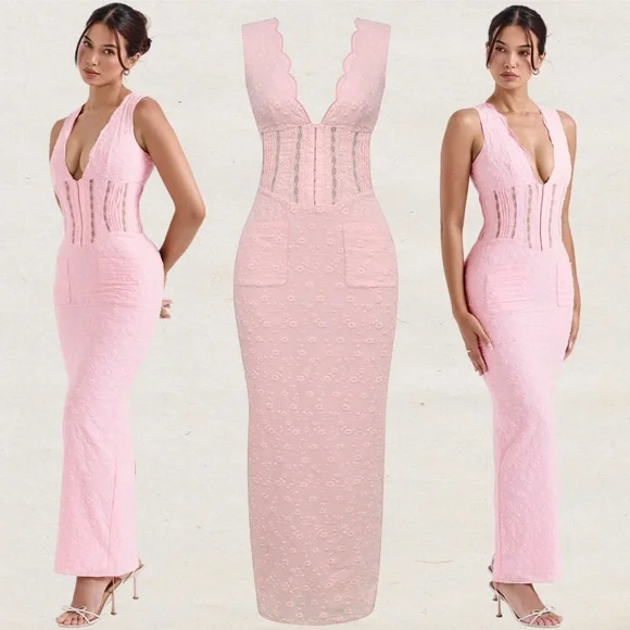 House of CB Sophina Maxi Midi Pink Dress Pockets Eyelit Scalloped Plunging Neck - Picture 2 of 3